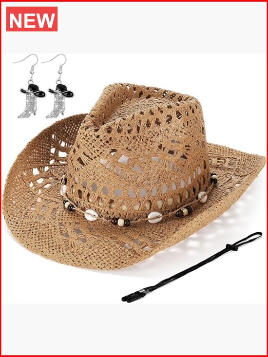 Straw Cowboy Hat with Boot Earrings, Breathable, Lightweight